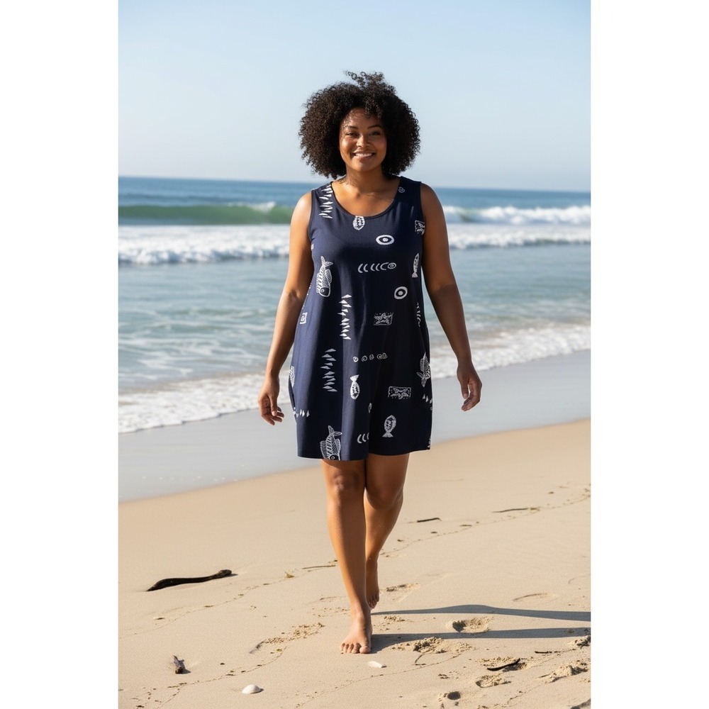 Exist Sports Line Navy Blue Nautical Fish Print Sleeveless Shift Dress Womens 1X